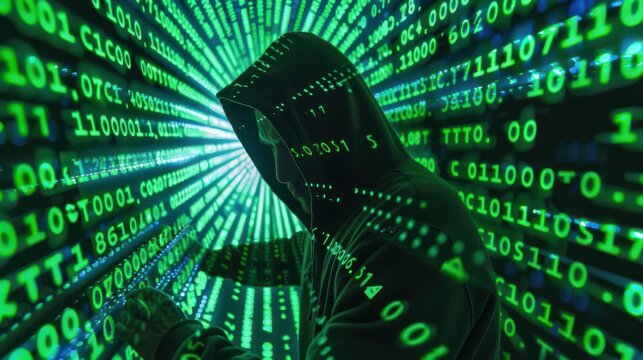 A mysterious hooded hacker immersed in a digital sea of green binary code symbolizing the secretive world of cybersecurity.