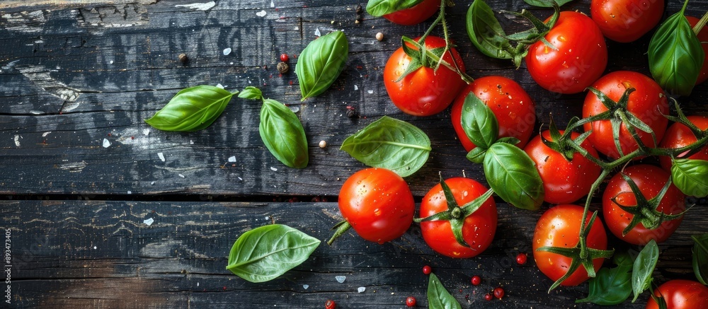 Poster top down view flat lay of vibrant garden tomatoes and basil leaves on a kitchen table with copy spac