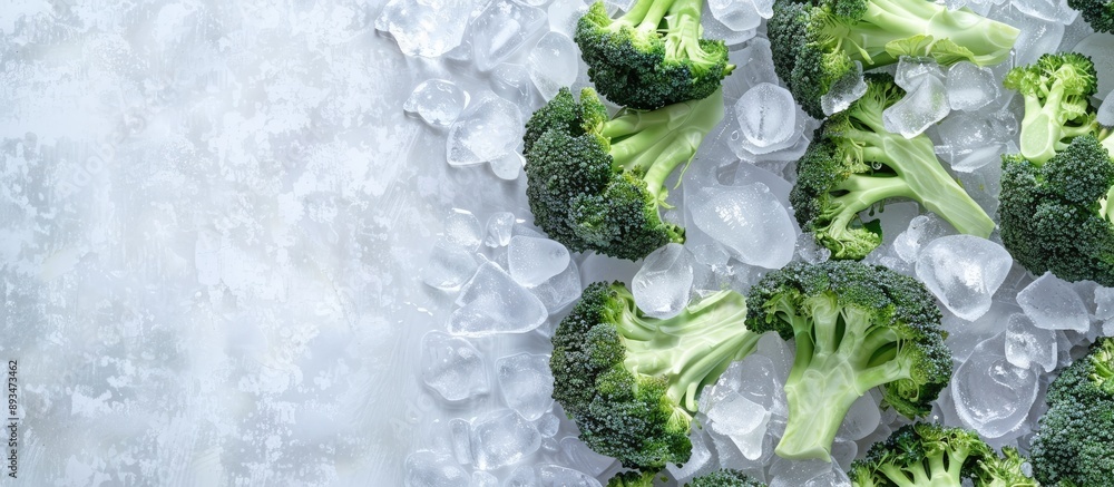 Poster Fresh broccoli placed on ice with a background for text showing a top view for a copy space image