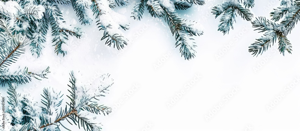 Aufkleber Winter themed card with fir tree branches covered in snow against a white backdrop perfect for adding text or graphics in the copy space image