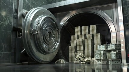 A massive vault door open slightly revealing stacks of money inside under tight security in a bank setting.