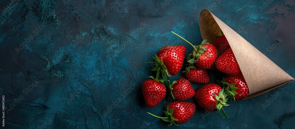 Poster Fresh red strawberries arranged on a paper cone against a dark background creating a stylish copy space image