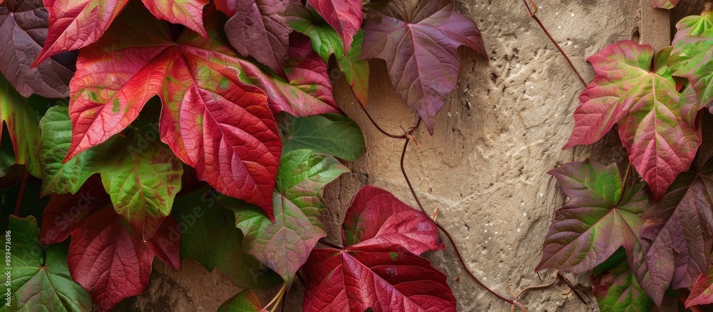 Aufkleber vibrant burgundy and green leaves of parthenocissus quinquefolia on a house wall ideal for autumn th