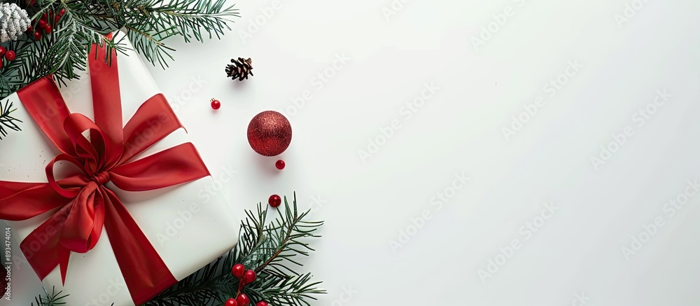 Leinwandbilder vibrant christmas present with a festive atlas ribbon and tree branches on a white backdrop ideal fo