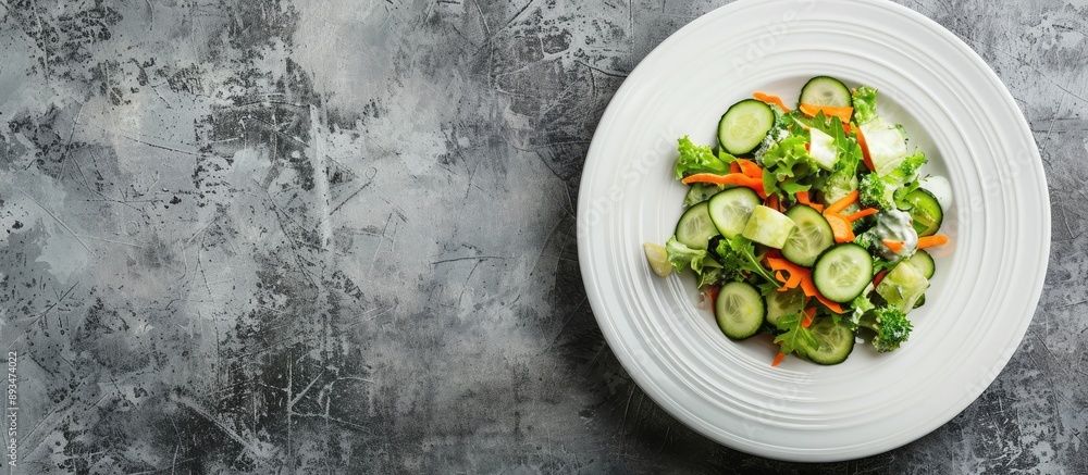 Poster Minimalist style photo of a green salad with cucumbers and carrots on a white plate against a grey backdrop with a horizontal orientation and space for text. copy space available