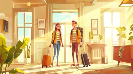 Lovely couple travel together check in vacation house with luggage