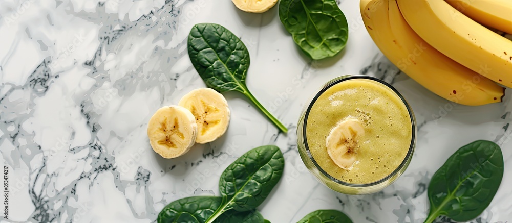 Poster banana and baby spinach smoothie on marble background with copy space image