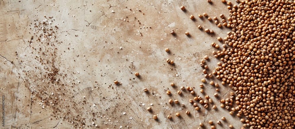 Poster A rustic copy space image with scattered raw buckwheat grains on a dry textured background