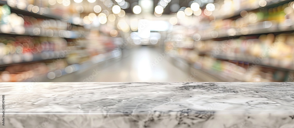 Poster Marble top table displayed in a supermarket setting with blur background ideal for adding text or images to the copy space image