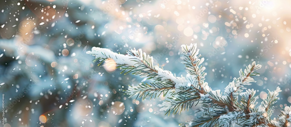 Aufkleber Snow covered fir branches in a serene winter setting with gently falling snowflakes create a calming winter backdrop with ample copy space image