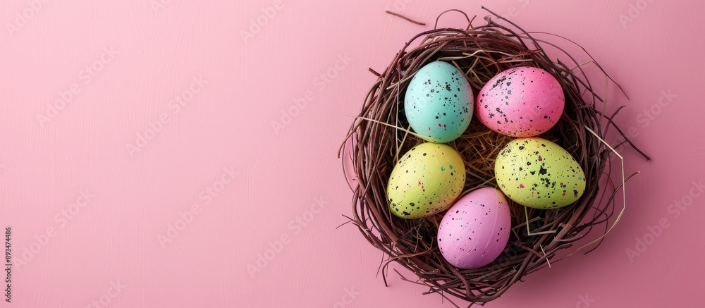 Poster Vibrant Easter eggs nestled in a nest on a soft pink backdrop creating a simplistic holiday setting with copy space image
