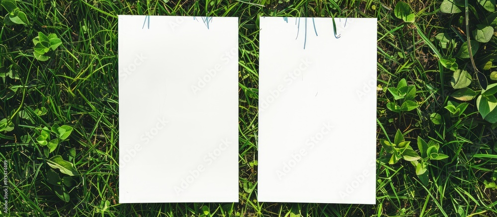 Poster Overhead view of two blank white sheets on a grassy fabric backdrop perfect for a copy space image