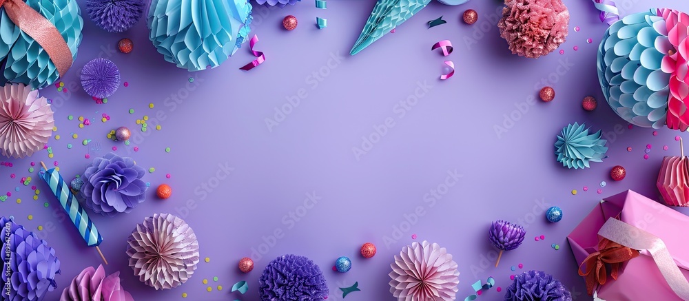 Poster Lilac background adorned with various party decorations around a vacant space for inserting images. copy space available