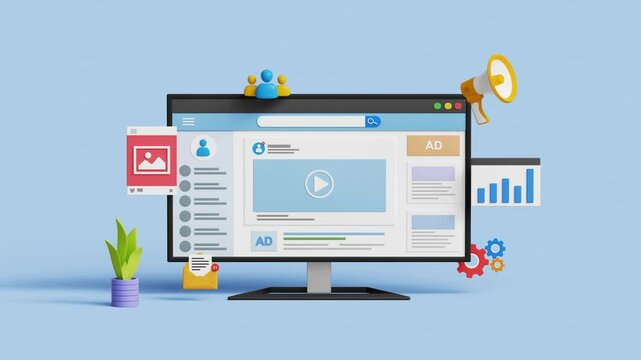 Social media SEO marketing, digilal advertising, promotion, content marketing or online campaign concept.3D social media page on computer with marketing icons. 4k 3d animation. Trim 3 sec for loop