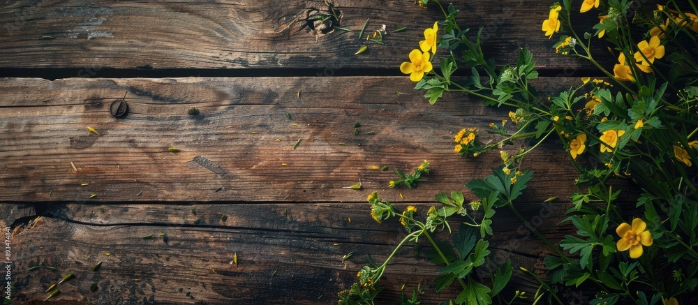 Poster a rustic textured table showcasing a bunch of green wild plants and yellow buttercups creating a mid