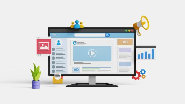 Social media marketing, promote brand, SEO, digital advertising, content marketing or online campaign concept. 3D social media page on computer with marketing icons.4k 3d animation.Trim 3 sec for loop