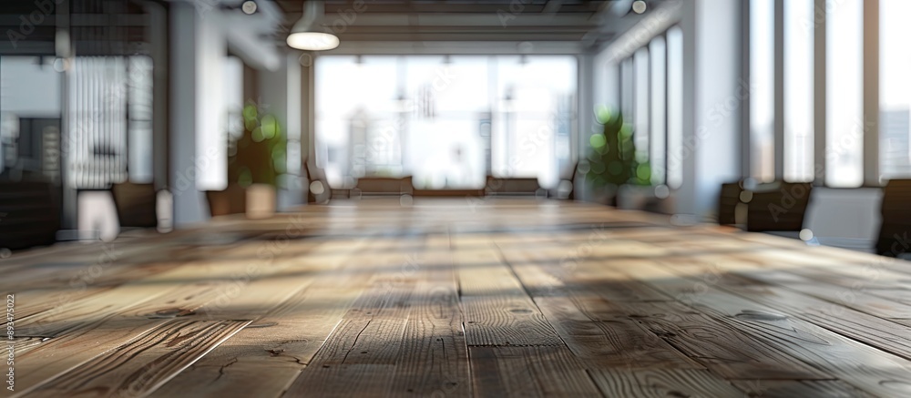 Poster a wooden board was placed on the table in an empty office room with a blurred backdrop ideal for a c