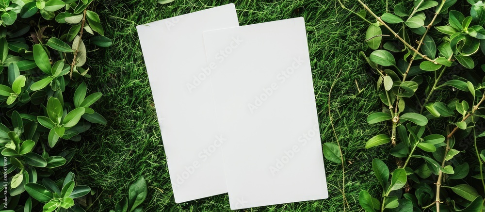 Poster Overhead view of two blank white sheets on a grassy fabric backdrop perfect for a copy space image