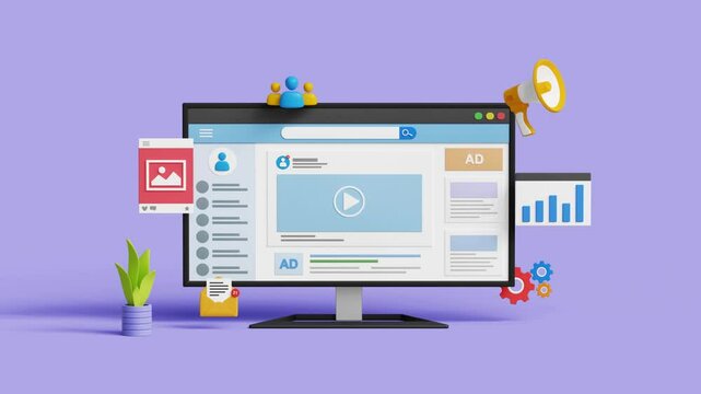 Digital marketing, social media advertising, SEO, PR via social media to drive sales concept. 3D social media page on computer with marketing icons. 4k 3d animation. Trim 3 sec for loop