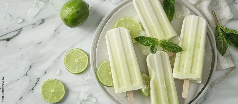 Poster Top view of a plate with lime yogurt popsicles displaying against a marble background with copy space image is available