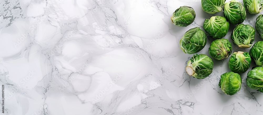 Poster flat lay of brussels sprouts on a white marble surface with space for text in the image. copy space 