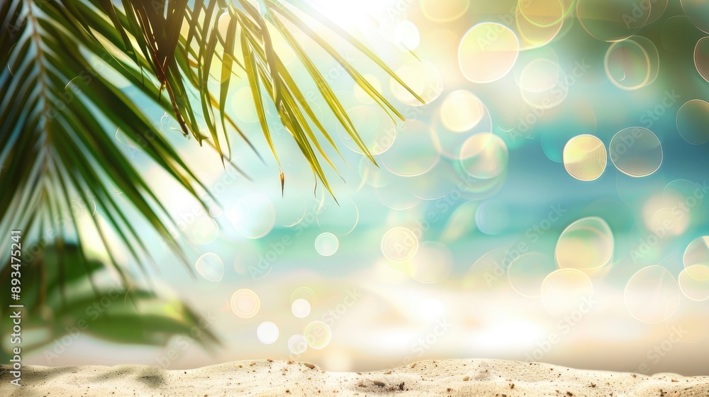 Sticker Abstract tropical beach with palm leaf and sunlit bokeh