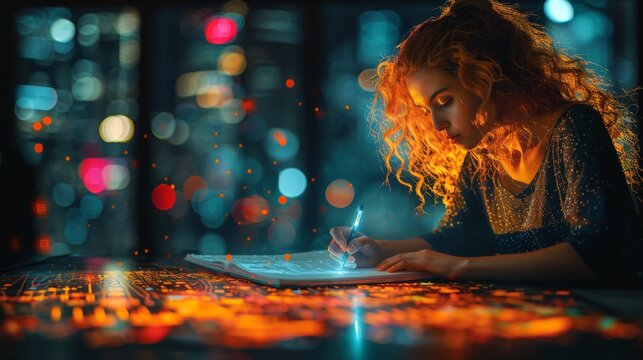 A City Lights Muse Writing Under the Night Sky. Generative AI