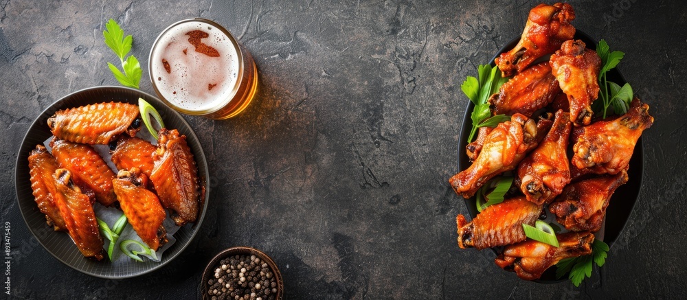 Poster Top view of buffalo style chicken wings served with cold beer with space for text or graphics in the image. copy space available