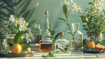 Natural essential oils and botanicals on a table