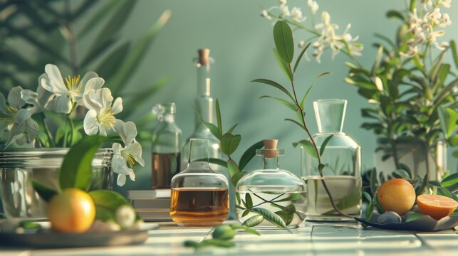Natural essential oils and botanicals on a table