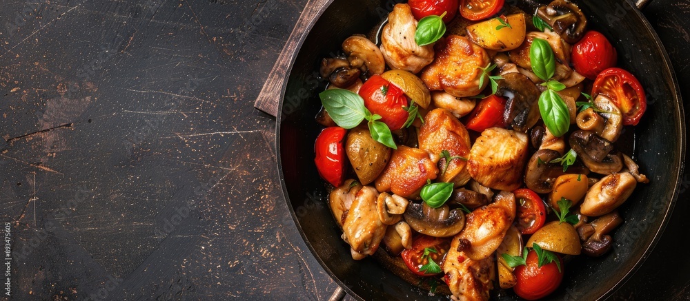 Aufkleber A close up of a stir fried chicken dish with mushrooms tomatoes and potato cooking in a pan captured from above with blank space for text or graphics. copy space available