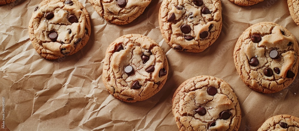 Poster an overhead image of chocolate chip cookies on baking paper with space for text or graphics. copy sp