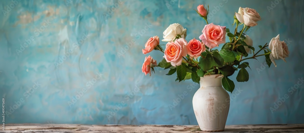 Sticker A beautiful bouquet of roses displayed in a vintage white vase on a wooden table against a rustic blue wall with ample copy space image