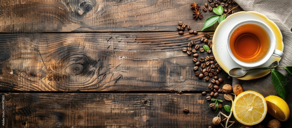 Poster organic food border with a tea cup on a rustic background with copy space image