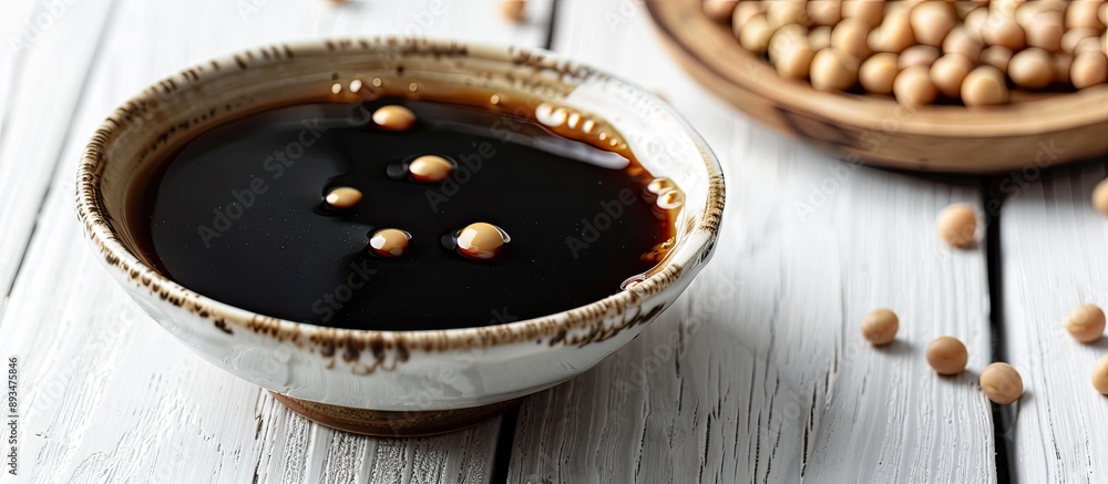 Poster close up of delicious soy sauce in a bowl with soybeans on a white wooden table providing copy space