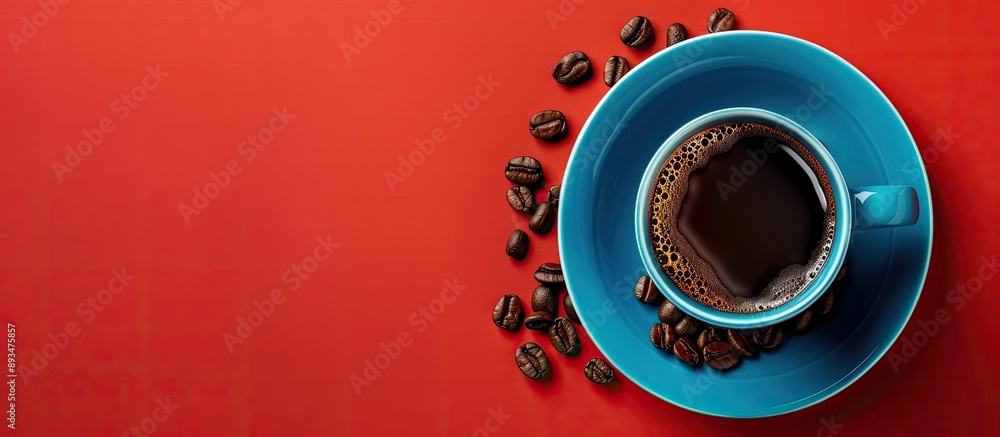 Poster top view of a blue cup of coffee with roasted coffee beans on a saucer against a red background offe