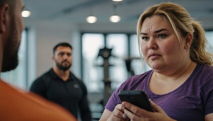 Overweight woman consulting with trainer, discussing daily workout plan. Personal trainer talking with client, discussing exercise program in gym