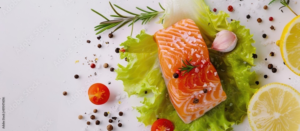 Poster salmon slice with lettuce peppercorn lemon and rosemary on white background with space for copying t