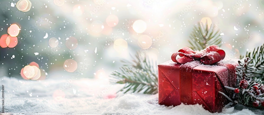 Aufkleber a red gift box and a fir tree on snow decorate a christmas setting with a blurred background during 