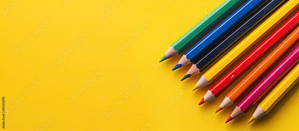 Poster colorful pencils scattered on a yellow paper backdrop with ample copy space for an image