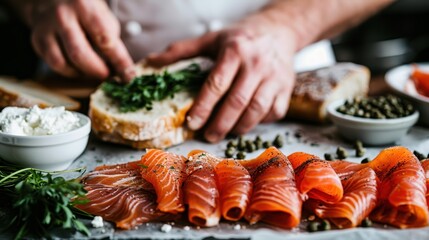 A chef is seen garnishing smoked salmon slices with fresh herbs on a cutting board, surrounded by bowls of capers and cream cheese, ready for final presentation.