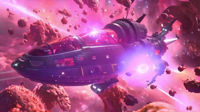 Spaceship flying through a pink nebula