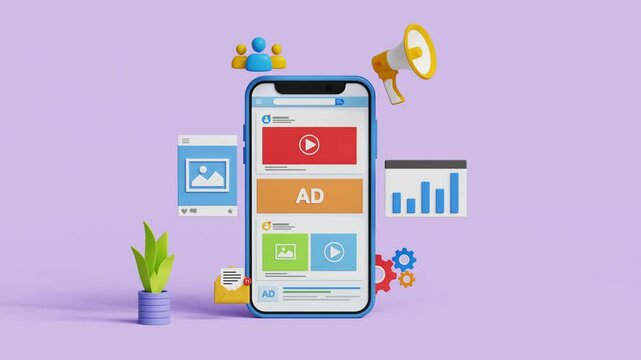 Digital marketing, social media advertising, SEO, PR via social media to drive sales or brand awareness concept. 3D social media page on mobile with marketing icons.4k 3d animation.Trim 3 sec for loop