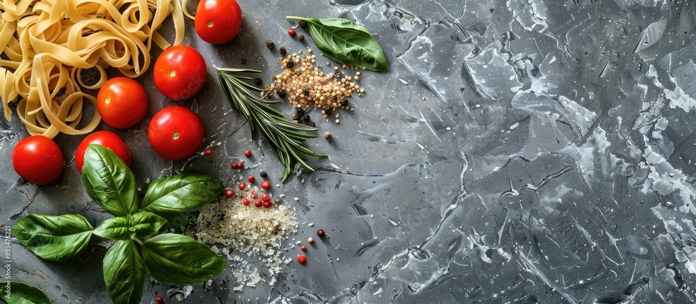 Poster dry pasta and ingredients including tomatoes basil pepper and rosemary arranged on a gray stone surf
