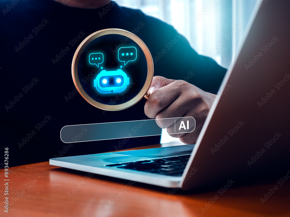 Poster ai search engine optimization tools, seo online technology concept. searching bar appear while busin