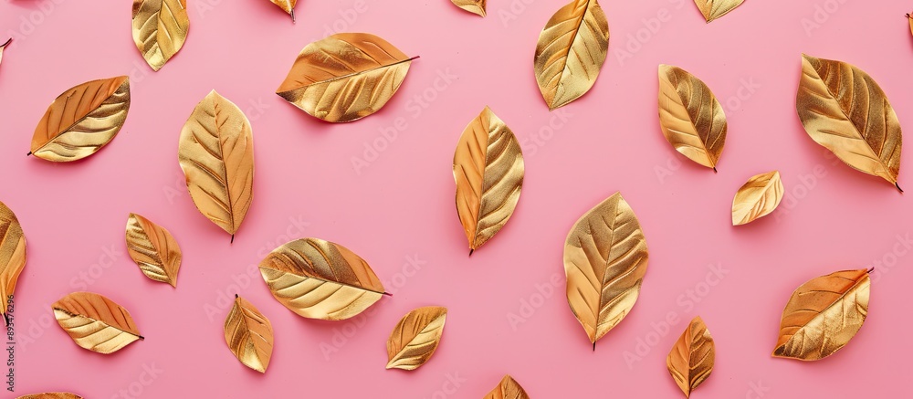 Poster pink background with golden artificial leaves provides copy space image for text in a minimalistic f