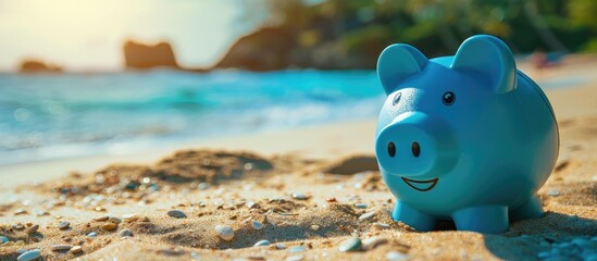 Blue piggybank holding money on a sandy beach with ocean view in a copy space image