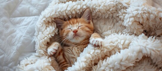 A small red kitten peacefully asleep with a plush white blanket creating a serene and heartwarming copy space image