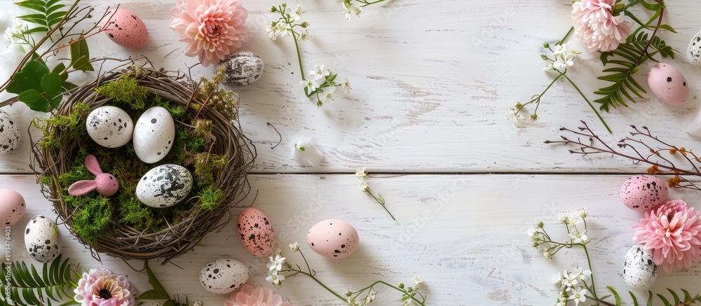 Poster top view of an easter themed banner arrangement featuring flowers a nest with speckled eggs and moss