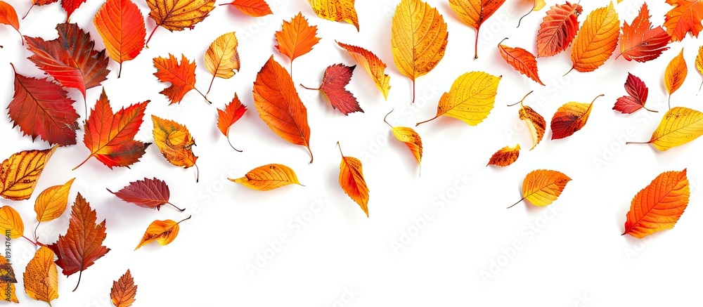 Poster top view of multicolored autumn leaves isolated on a white background with a falling orange leaf and